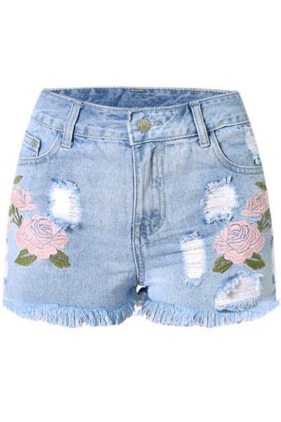 Women Rose Embroidered Denim Cutoff Shorts Online Store For Women Sexy Dresses