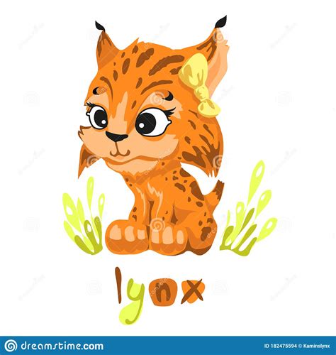 Cute Cartoon Baby Character Lynx With A Bow With The Word Lynx