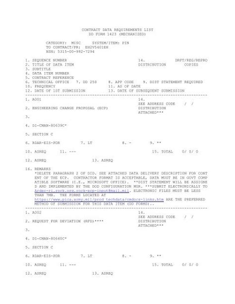 Contract Data Requirements List Dd Form 1423 Mechanized