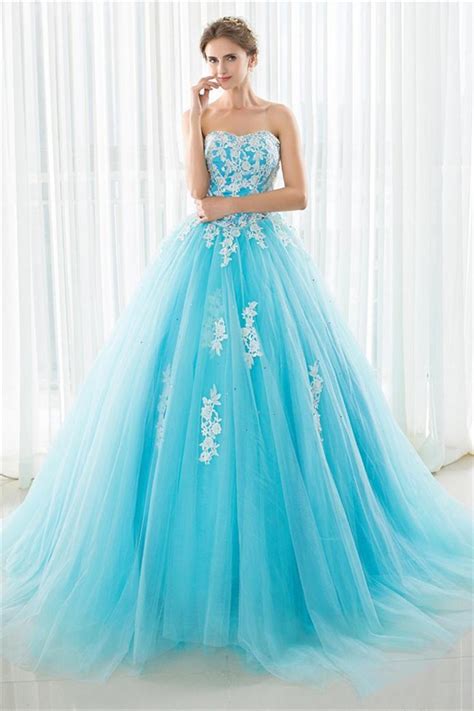 Fairy Ball Gown Strapless Turquoise Tulle Lace Beaded Prom Dress Lace