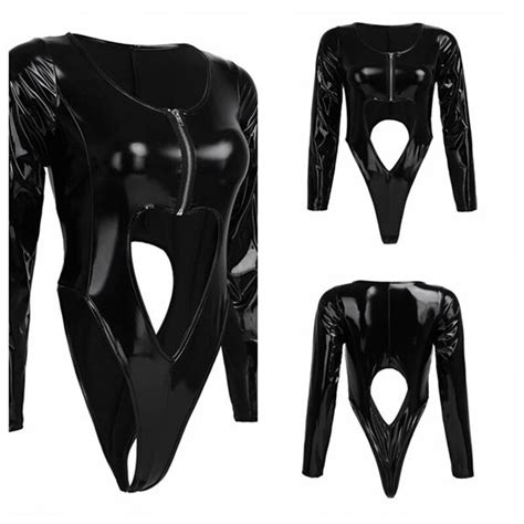 Women Wet Look Patent Leather Latex Catsuit Sex Lingerie Bodysuit Long Sleeve Front Zipper