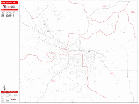 Pine Bluff Arkansas Zip Code Wall Map Red Line Style By