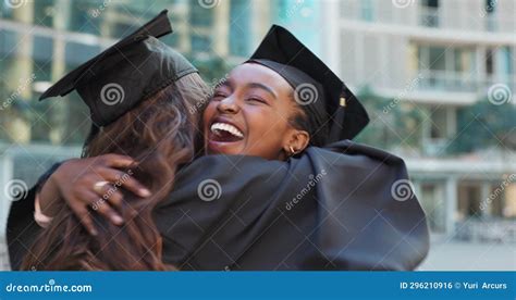 Graduation Friends Hug And Excited Women In Celebration Of Education