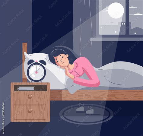 Sleepless Woman Lying On Bed With Open Eyes Girl Character Suffers