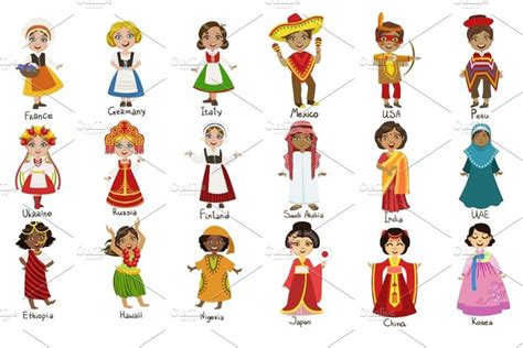 Kids Wearing National Costumes Of Different Countries Set Of Cute Boys