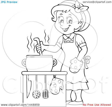 Clipart Of A Cartoon Black And White Lineart Happy Housewife Cooking