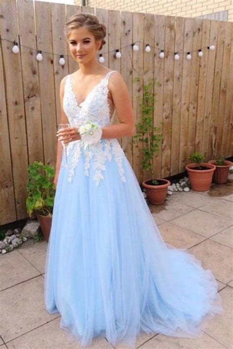 Light Sky Blue V Neck Long Tulle Prom Dress With Ivory Lace Appliques Evening Gown N1208