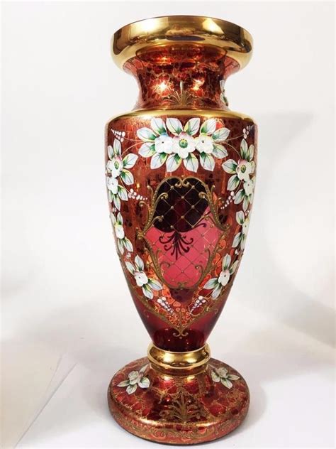 Egermann Czech Bohemian Glass Vase Big 12 Raised Enamel Ruby Red Crackle Gold Bohemian Glass