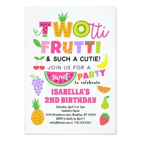 Twotti Frutti Tropical Fruit Summer 2nd Birthday Invitation