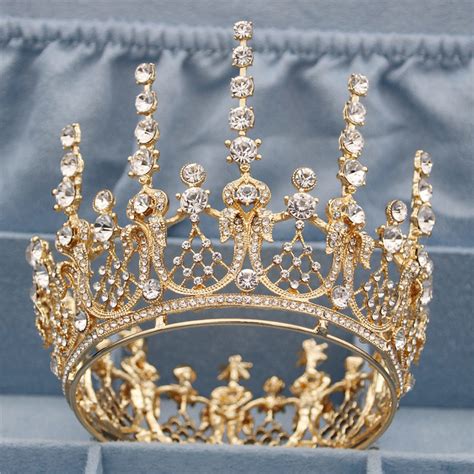 2020 Vintage Romantic Gold Full Round Queen King Tiara Crown Pageant