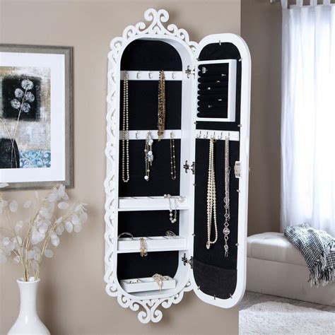 Wall Mounted Jewelry Cabinet Mirror Armoire With Gloss White Scrolling