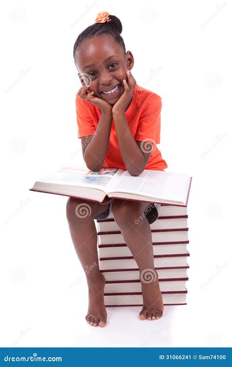 Cute Black African American Little Girl Reading A Book African Stock