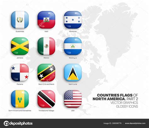 North America Countries Flags Vector 3d Glossy Icons Set Isolated On