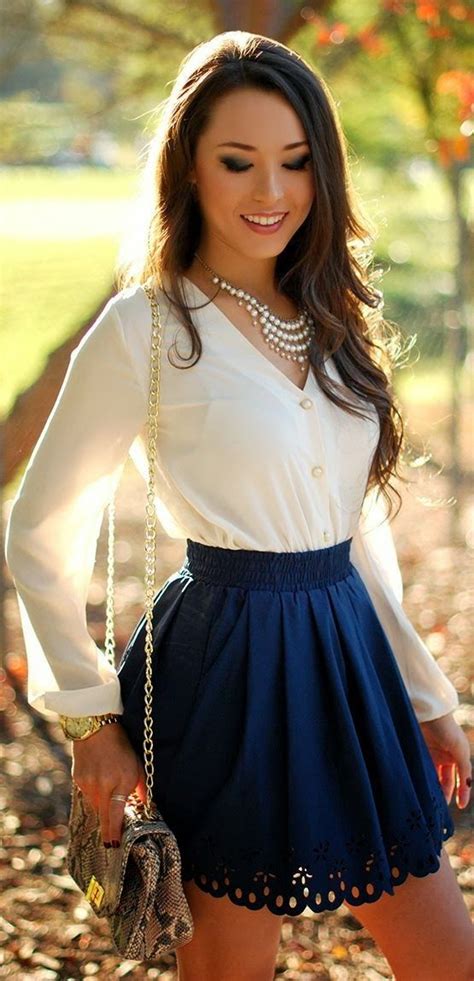 Amazing White Blouse With Blue Mini Skirt And Suitable