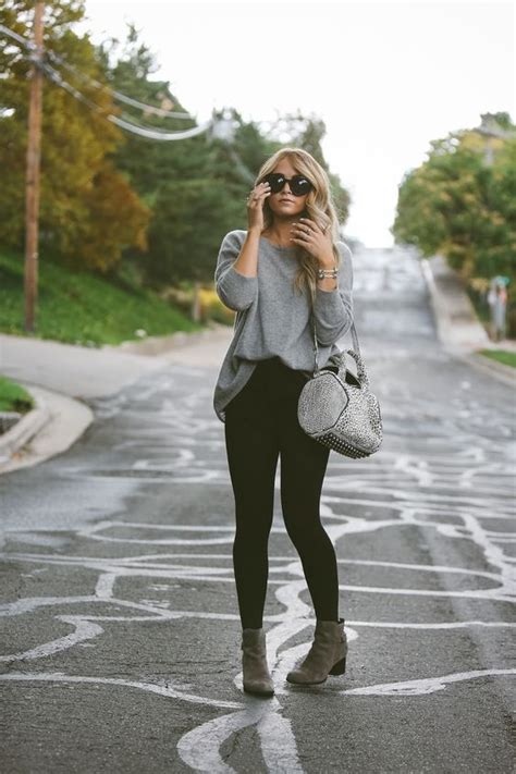 Black Leggings A Long Grey Jersey Boots Fashion Cute Outfits