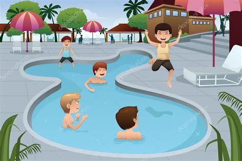 Kids Playing In An Outdoor Swimming Pool Stock Vector Image By