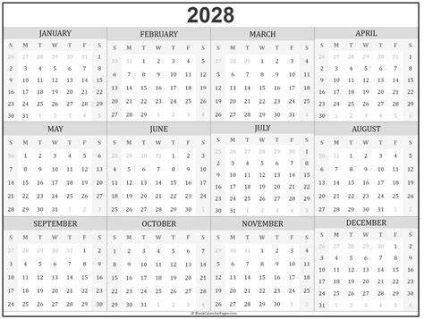 2028 Year Calendar Yearly Printable