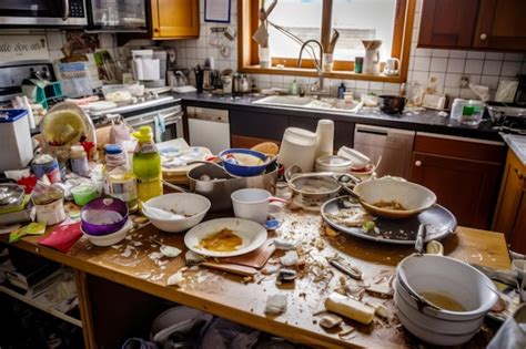 Premium Photo Messy Kitchen With Dirty Dishes On The Counter And