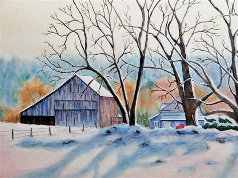 Barn In Winter Watercolor Original Morning Shadows Winter Snow Etsy