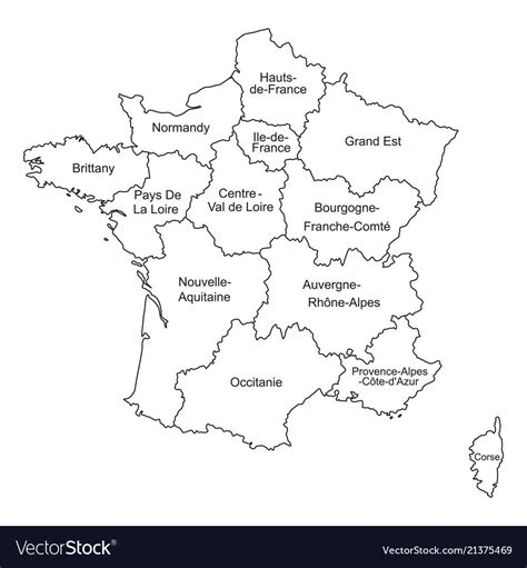 Black Outlines Map Of France With Names On White Vector Image On