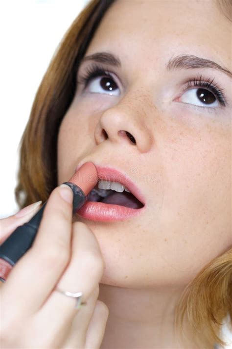 Woman Applying Lipstick Stock Image Image Of Beige Powder