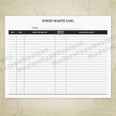 Food Waste Log Printable Food Waste Waste Printables