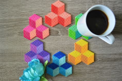 Fuse Bead Perler Bead Geometric Cube Coasters Set By 8bitkatie