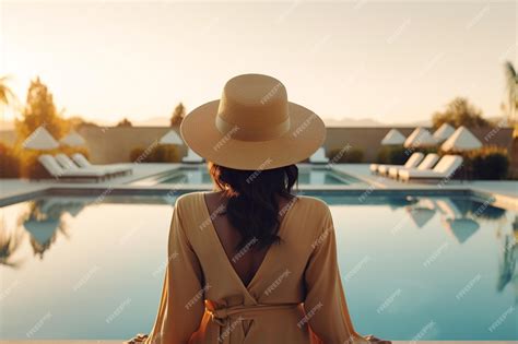 Premium AI Image | Upscale Serenity Stylish Woman Lounging by Infinity