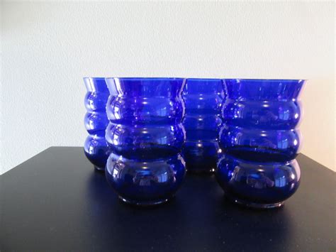 Set Of 4 Vintage Cobalt Blue Glass Ribbed Drinking Glasses Etsy Blue Glass Glass Glass