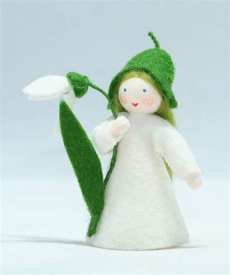 Snowdrop Fairy Miniature Standing Felt Doll Holding Flower Felt
