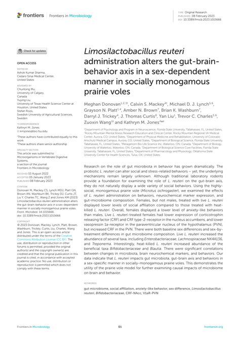 Pdf Limosilactobacillus Reuteri Administration Alters The Gut Brain Behavior Axis In A Sex