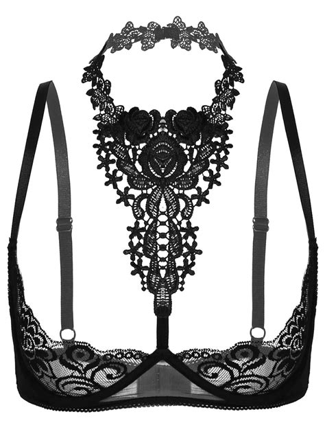 iefiel women halter see through bras floral lace underwired unlined bra top black xxl