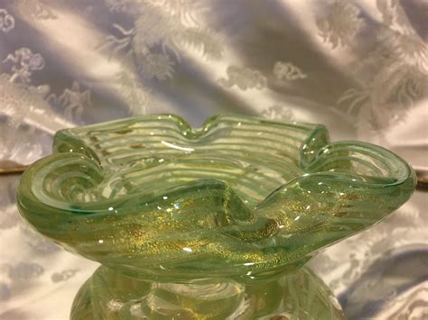 Vintage Murano Glass Ashtray Bowl Glass Green Swirl Gold Flecks Gold Flecks Murano Glass Glass