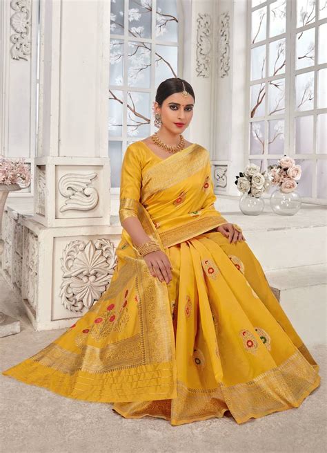 Mustard Woven Banarasi Silk Saree With Blouse Lilots 3916729