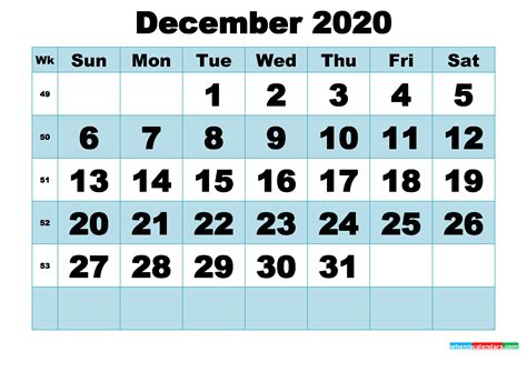 Free Printable December 2020 Calendar Word Pdf Image