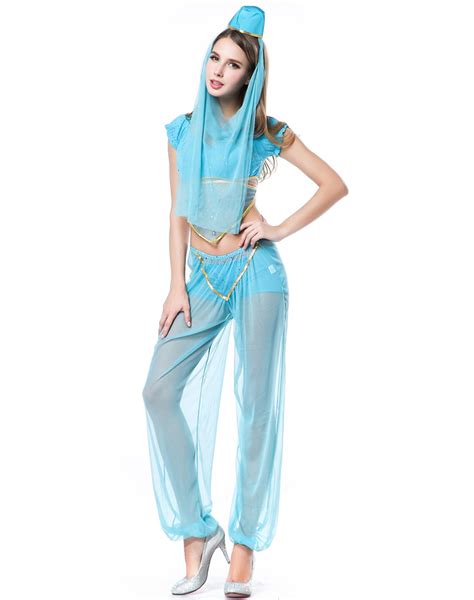 Women Genie Aladdin Fancy Costume Sexy Mesh Wish Golden Trimmed
