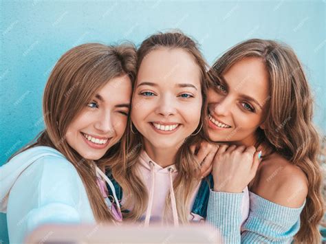 Free Photo Three Young Smiling Hipster Women In Summer Clothesgirls Taking Selfie Self