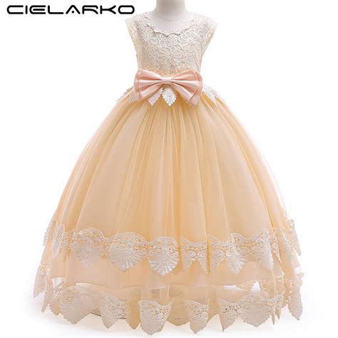 Cielarko Girls Party Long Dress Formal Lace Kids Prom Ball Gown For