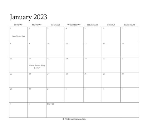Printable January Calendar 2023 With Holidays