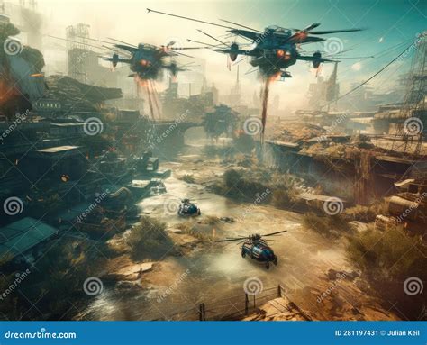 Futuristic Battlefield With Hightech Weapons And Drones Stock