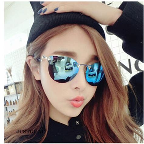 Super Flash Nerd Geek Cat Eye Sunglasses Women Rimless Mirror Lense