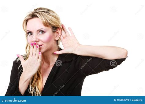 Blonde Woman Making Listening Gesture Stock Photo Image Of Report