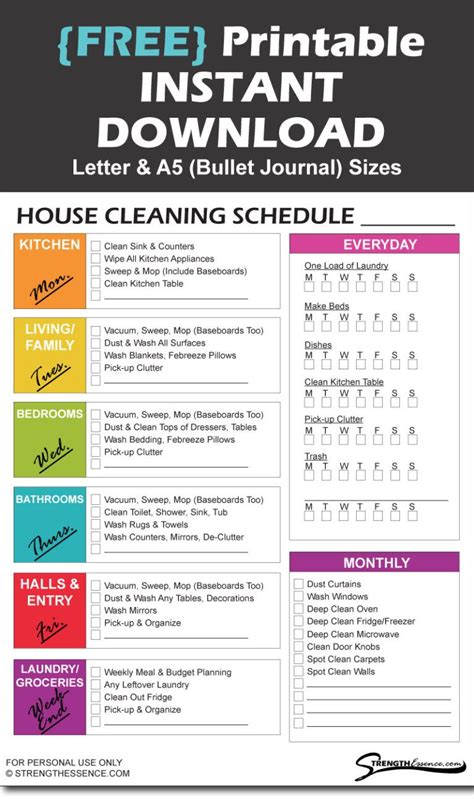 free printable house cleaning schedule checklist strength essence home cleaning schedule