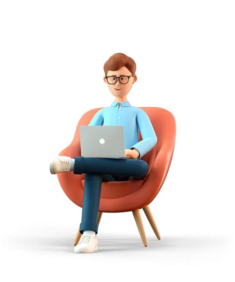 3d Illustration Of Smiling Man With Laptop Sitting In Armchair And