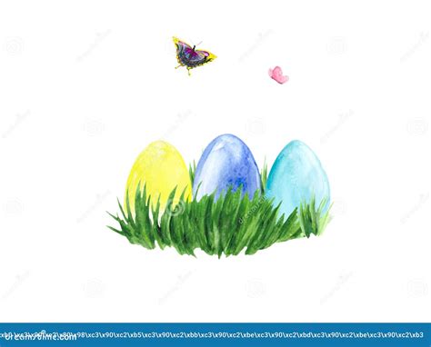 Easter Illustration With Green Grass Colorful Eggs And Butterflies