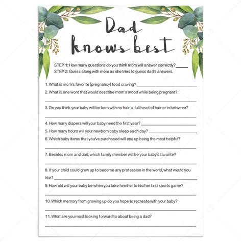 Dad Knows Best Baby Shower Game Printable Green Leaves Editable