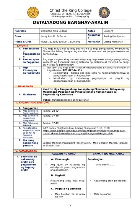 Detailed Lesson Plan In Araling Panlipunan Pangangailangan At