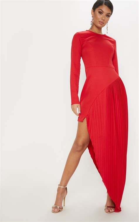 Red Pleated Asymmetric Hem Maxi Dress Prettylittlething