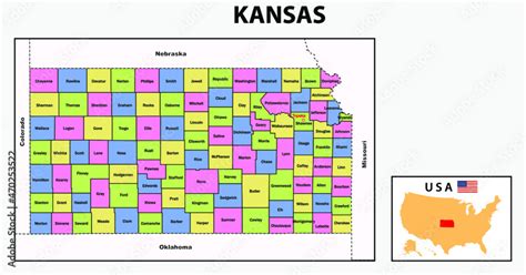 Kansas Map Political Map Of Kansas With Boundaries Stock Vector