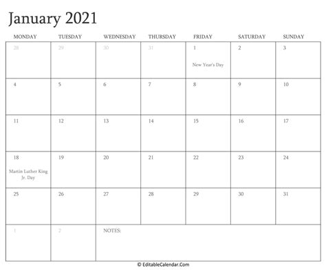 Horizontal and vertical format (landscape and portrait document orientation) January 2021 Calendar Templates